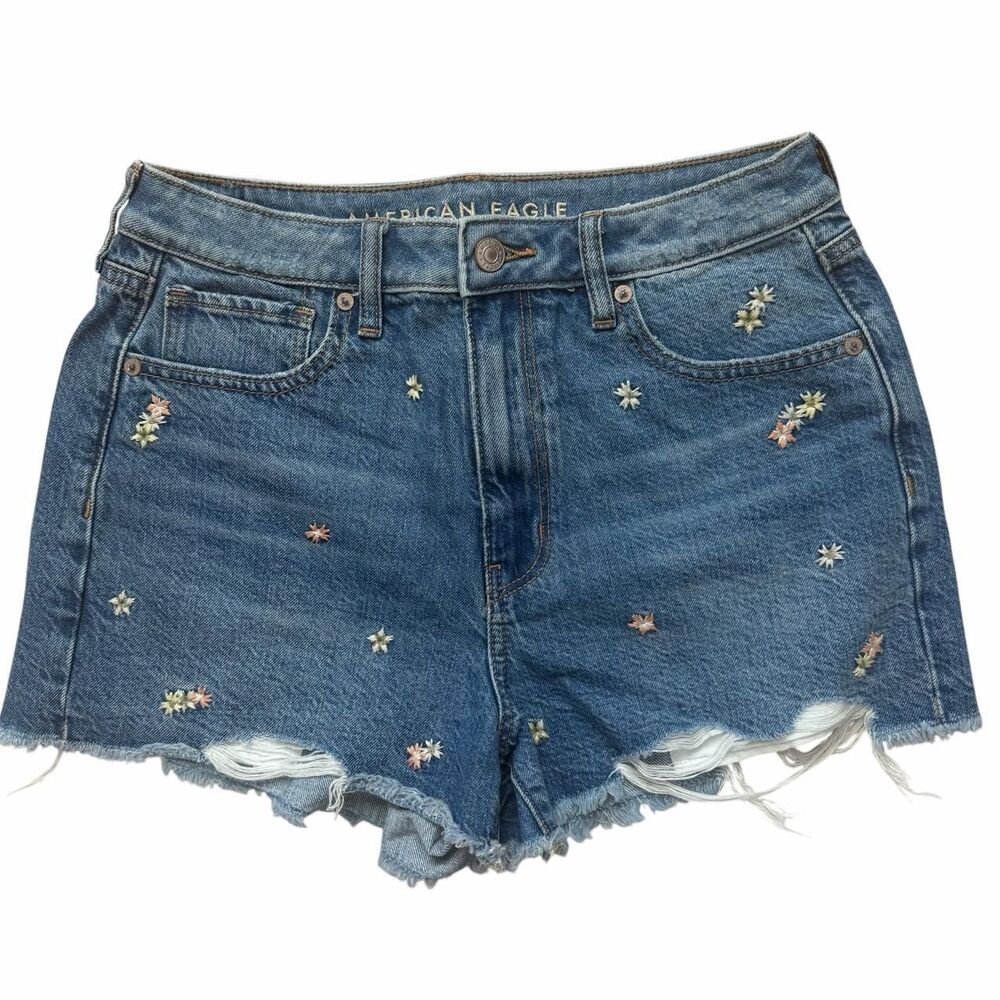 American Eagle Floral Embroidered High-Waisted Distressed Denim Shorts Size 8